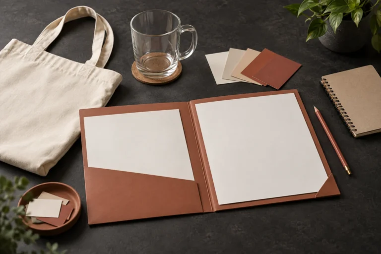 Unbranded promotional product samples arranged beside a blank reseller quote folder