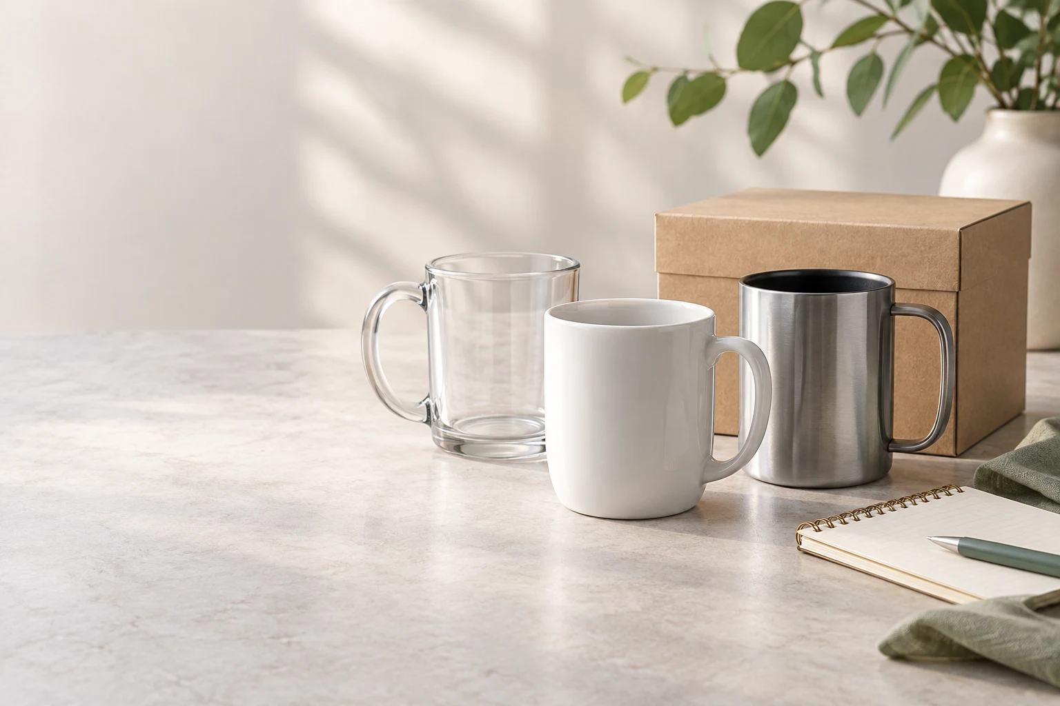 Three unbranded coffee mugs beside a plain gift box and notebook for B2B gift selection planning.