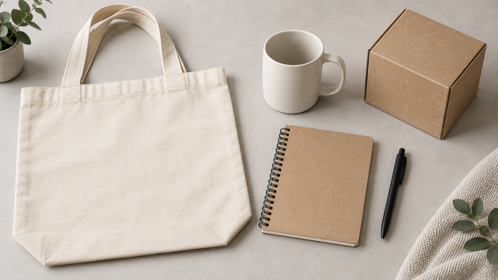 Unbranded tote bag, mug, notebook, pen, and packaging samples for a custom promotional product quote