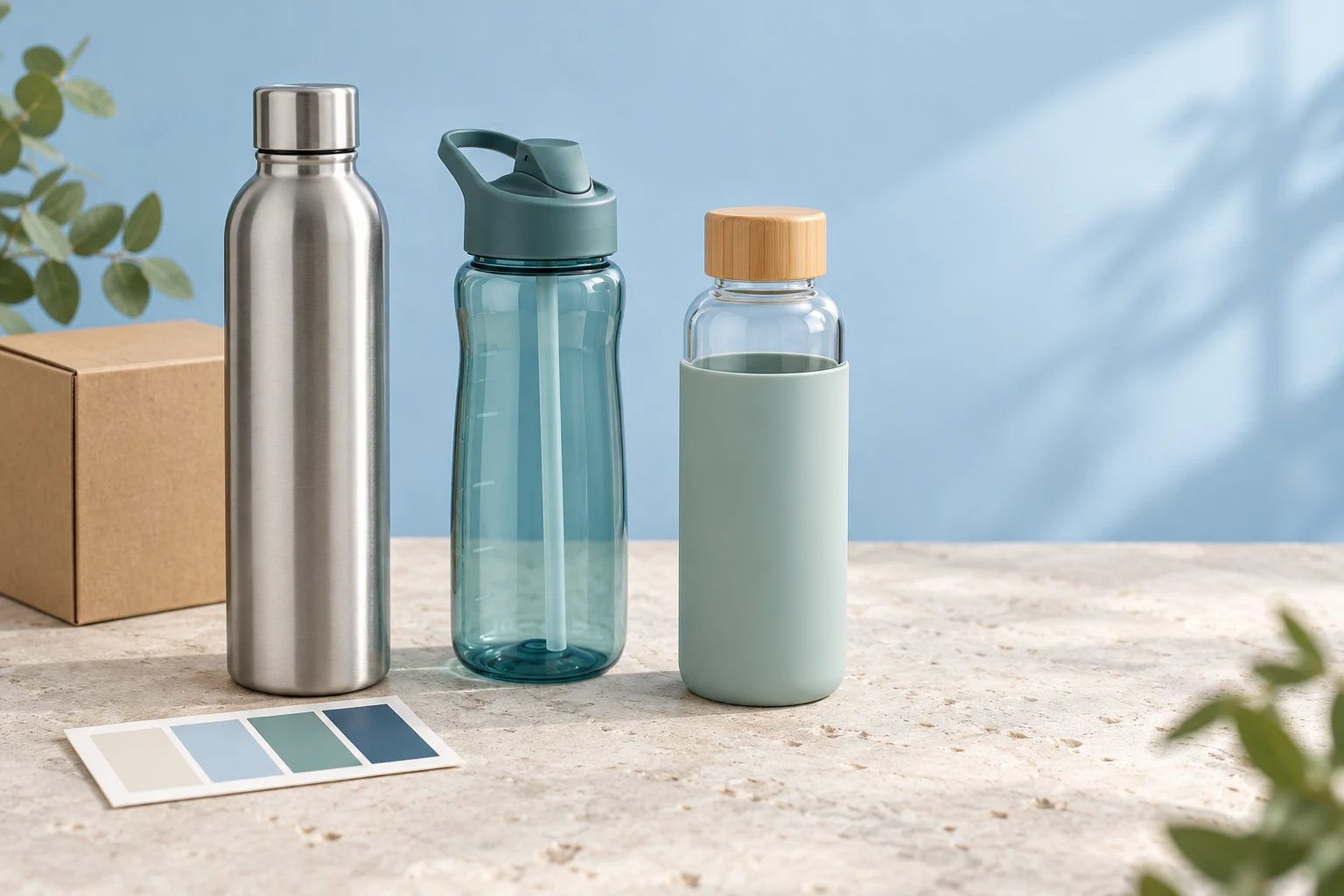 Three unbranded water bottles arranged with a neutral gift box and color swatches for a corporate giveaway planning discussion.